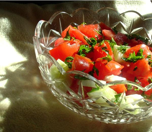 tomato, cucumber, & onion salad. Photo by Bergy