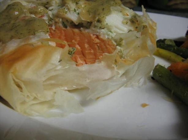 Salmon and Crab in Phyllo With White Wine Honey Mustard Sauce. Photo by Vino Girl