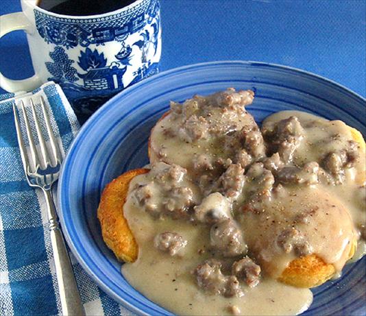 Peppered Sausage Gravy and Biscuits. Photo by Caroline Cooks
