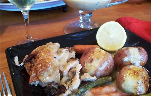 Roasted Chicken With Spring Vegetables and Lemon-Honey Sauce. Photo by lazyme
