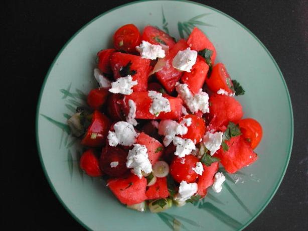 Watermelon, Tomato and Cheese Salad. Photo by Kumquat the Cat's friend