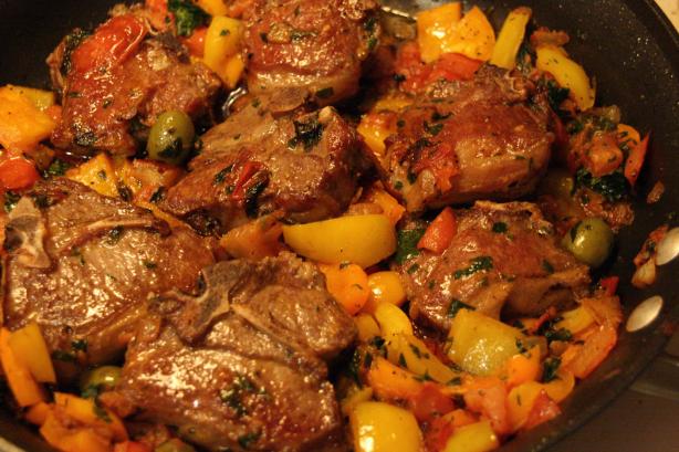 Lamb Chops, Calabrese, With Tomatoes, Peppers and Olives. Photo by Dr. Jenny