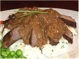 Bourbon, Brown Sugar Flank Steak W/ Garlic-chive Mashed Potatoes