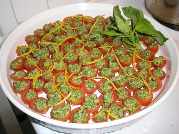 Lemon-Walnut Pesto Stuffed Cherry Tomatoes. Photo by dicentra