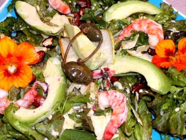 Shrimp, Avocado, Almonds, Apple Chips, & Nasturtium Salad. Photo by Rita~