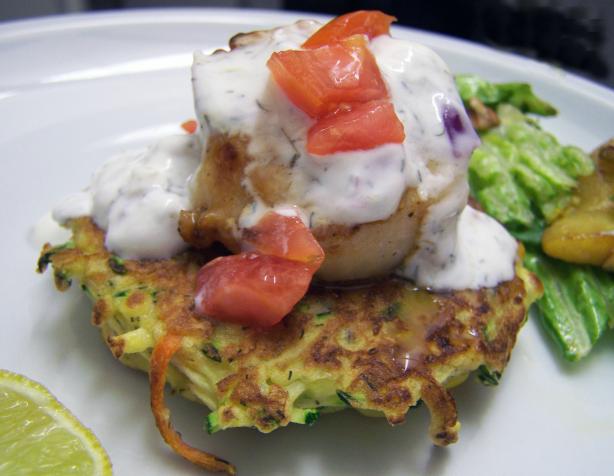 Seared Scallops With Zucchini and Carrot Cakes. Photo by CarolAT