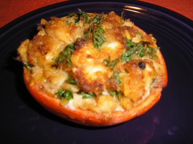 Baked Tomatoes Stuffed With Salmon, Garlic & Capers. Photo by Queen Dana