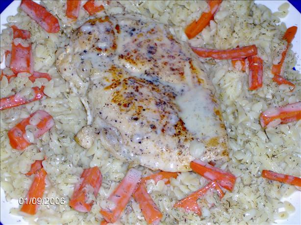Chicken Breasts With Orzo, Carrots, Dill, and Avgolemono Sauce. Photo by Mama's Kitchen (Hope)