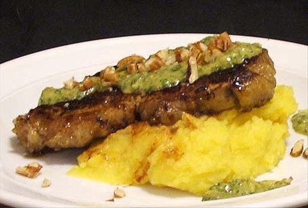 Chargrilled Sirloin With Mash and Salsa Verde. Photo by Fairy Nuff