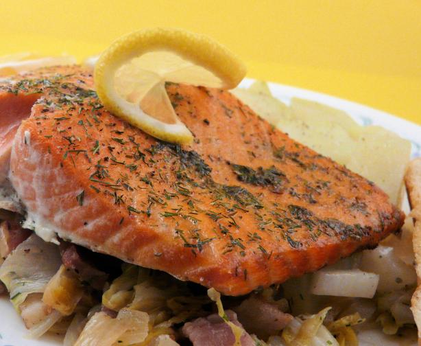 Slow-Roasted Salmon With Cabbage, Bacon & Dill. Photo by PaulaG