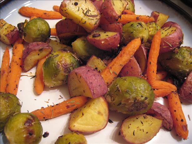 Thyme and Garlic Roasted Potatoes, Brussels Sprouts and Carrots. Photo by yogiclarebear