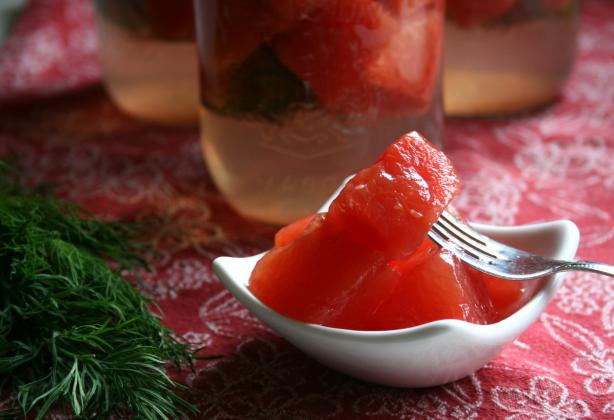 Susan's Pink Watermelon Pickles (Not Rind). Photo by Cookin-jo