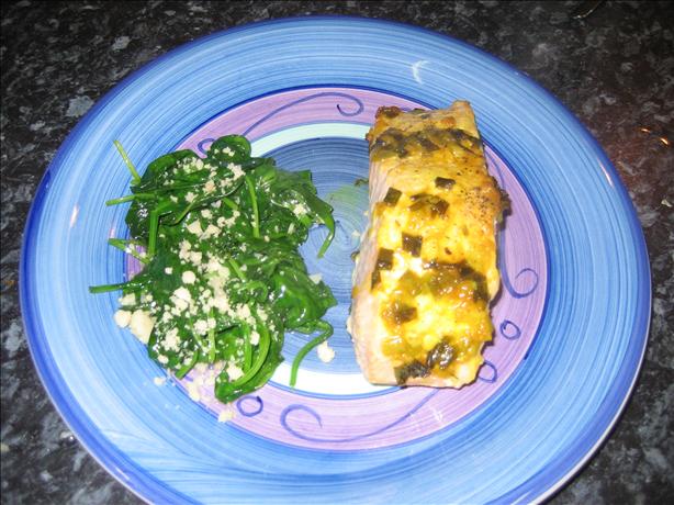 Down-Under Salmon With Citrus Saffron Sauce over Greens. Photo by Sally S