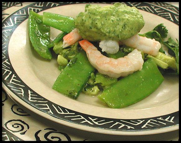 Shrimp on Snow Peas With Avocado Citrus Dressing. Photo by Sandi (From CA)