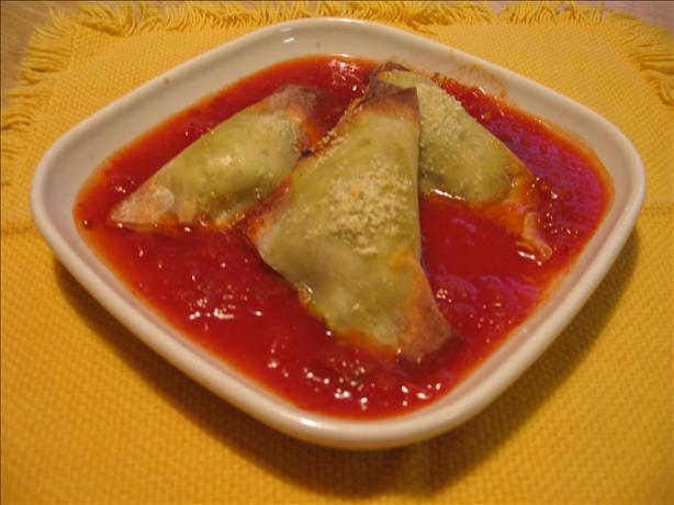 Herbed Ricotta Won Tons W/ Spicy Tomato Sauce. Photo by mary winecoff