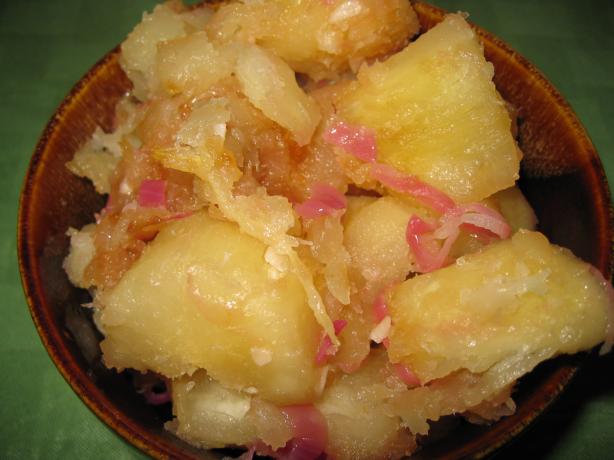Yucca With Garlic Sauce (Yuca  Con Mojo). Photo by threeovens
