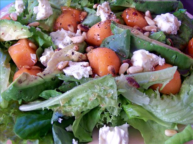 Avocado, Feta, Honeydew on Greens Topped With Pine Nuts. Photo by Rita~