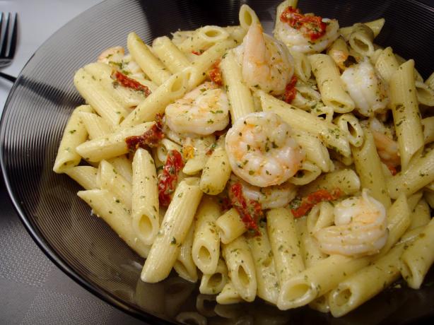One Pan  Pasta With Creamy Shrimp and Pesto Sauce. Photo by Lori Mama