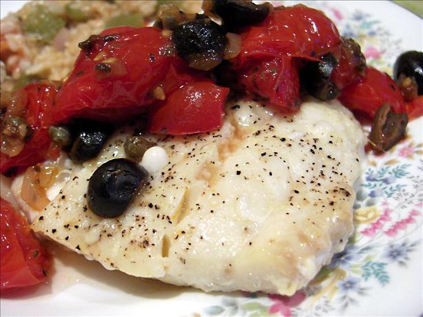 Baked Cod With Tomato-Olive Tapenade. Photo by Derf