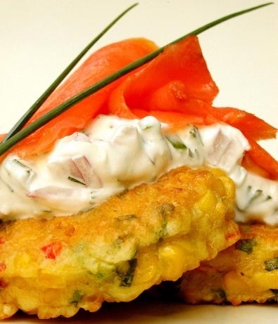 Smoked Salmon W/ Chili Corn Fritters and Sour Cream Dip. Photo by GaylaJ