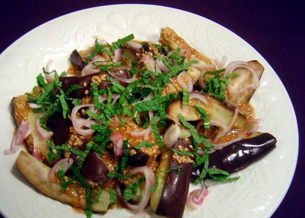 Warm Eggplant Salad With Sesame and Shallots. Photo by Sue Lau