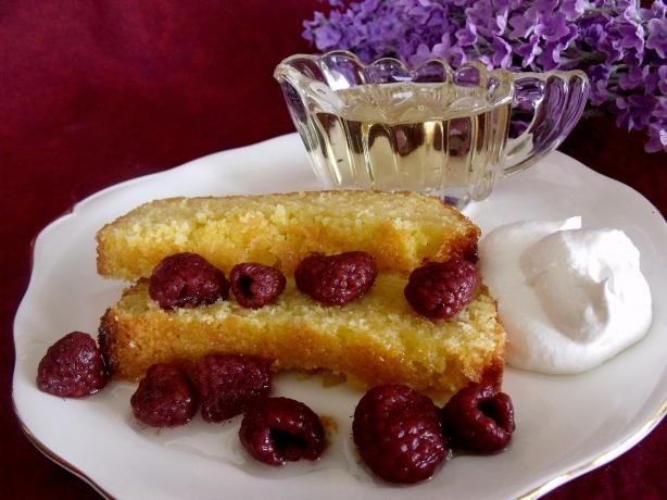 Lemon Polenta Cake With Lavender Syrup and Raspberries. Photo by Darkhunter