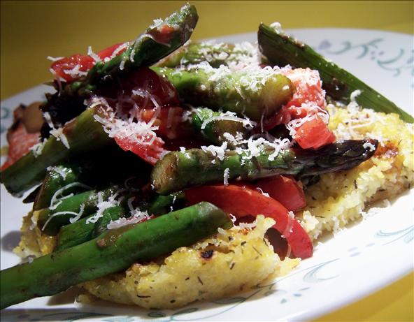 Grilled Herb Polenta  With Asparagus,  Tomatoes and Parmesan. Photo by PaulaG