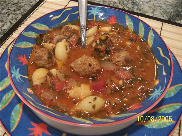 Italian-Style Pepperoni and Spinach Soup With Meatballs. Photo by lazyme