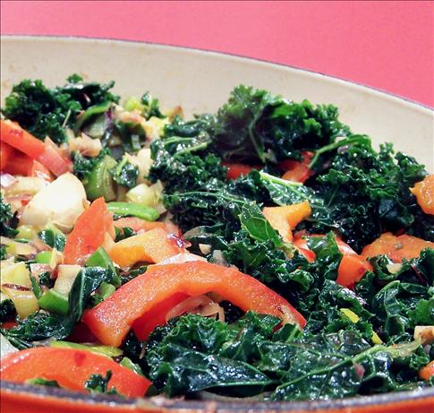 Spicy Garlic Kale With Sauteed Red Peppers. Photo by PaulaG