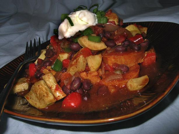 Black Bean Chili over Sweet Potatoes. Photo by justcallmetoni
