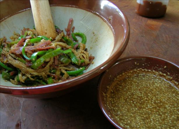 Green Pepper, Ham, and Tofu Skin With Sesame Vinegar. Photo by Rinshinomori