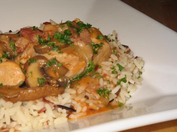 Rabbit  in a White Wine, Bacon, Onion  and Mushroom Sauce. Photo by The Flying Chef