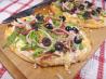 Greek-Style Spinach-Olive Pizza (Vegetarian). Recipe by Kittencalskitchen