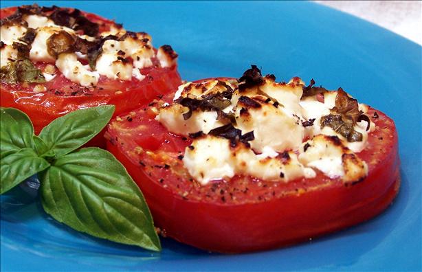 Tomatoes Broiled with Goat Cheese and Basil. Photo by PaulaG