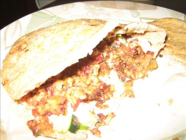 Bean and Rice Patties in Pita With Yogurt Tahini Dressing. Photo by poo235