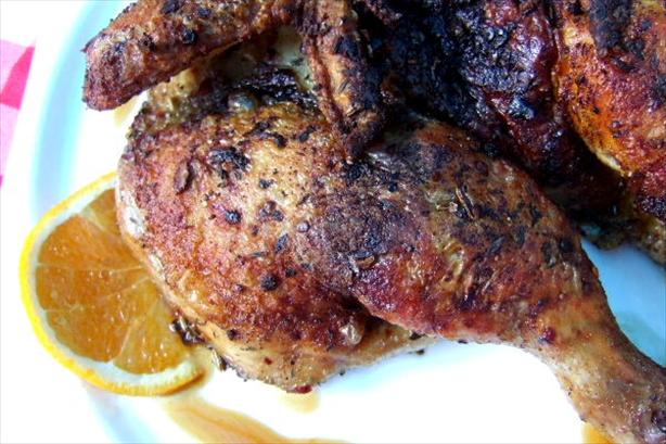 Spatchcocked Crispy Happy Chicken With Rich Orange Sauce. Photo by Zurie