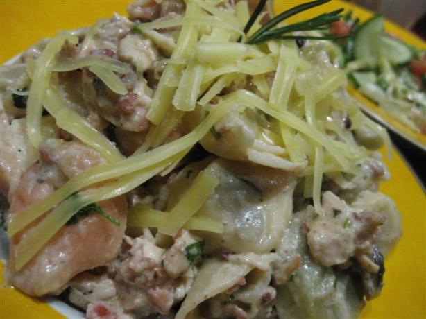Pasta With Mushroom, Bacon and Walnut Sauce. Photo by Chickee