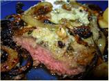 Pub Style Peppered Stilton Steaks With Charred Onions and Chips