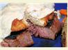 Grilled Beef Filet With Crab Cakes and Caramelized Onion Sauce