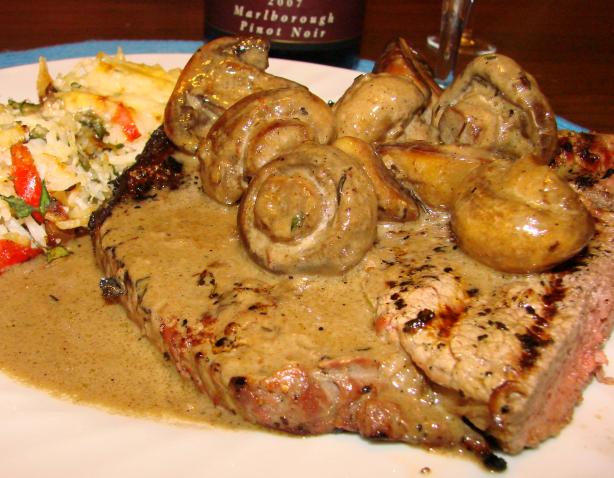 New York Strip Steak With Brandied Mushrooms. Photo by Boomette