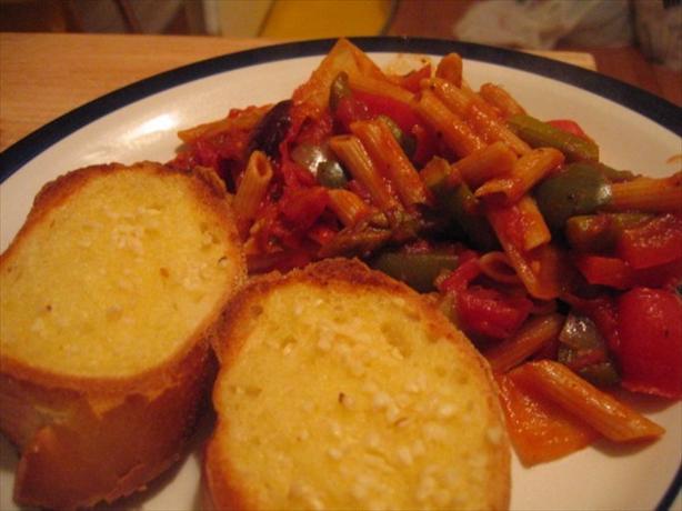 Vegan Penne Puttanesca. Photo by tendollarwine