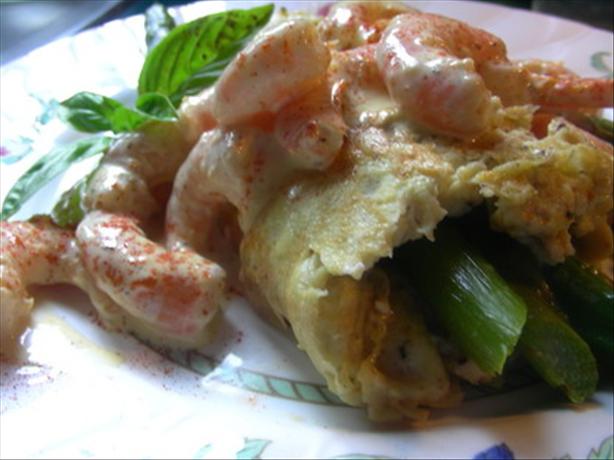 Asparagus Omelet W/Shrimp Hollandaise Sauce (For Andi). Photo by Andi of Longmeadow Farm