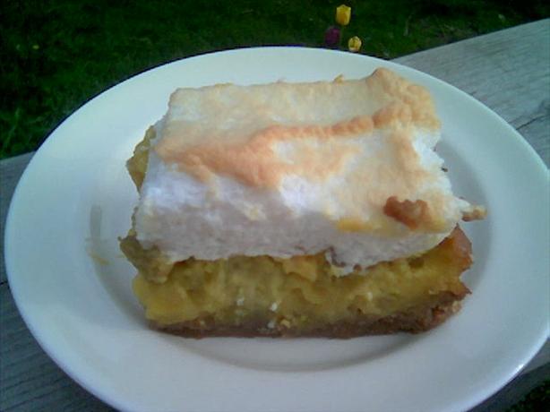 Good Ol' Summertime Rhubarb Custard Dessert With Cookie Crust. Photo by Debber