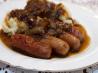 Sausages With Mashed Potatoes, Beer and Onion Gravy and Mustard