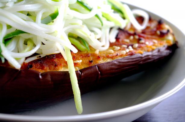 Miso Aubergine With Cucumber Noodles. Photo by AmandaInOz