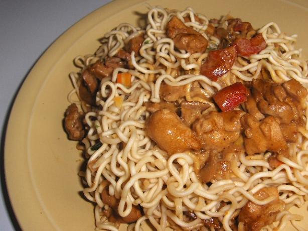Chicken on Pasta With Spicy Asian - Style Sauce. Photo by daisygrl64