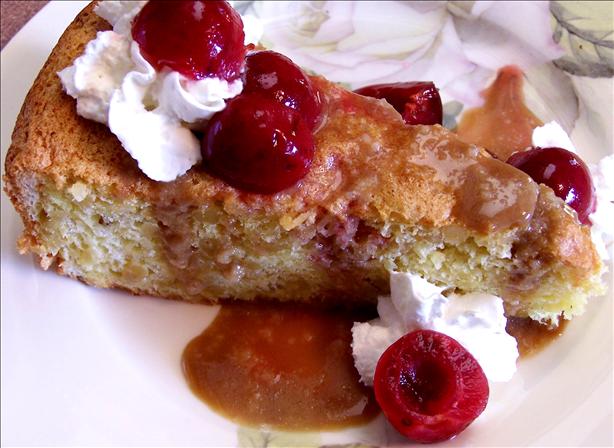 Pine Nut Cake With Poached Cherries and Caramel Sauce. Photo by Rita~