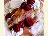 Pine Nut Cake With Poached Cherries and Caramel Sauce