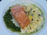 Alaska Salmon W. Tomatillo Sauce, Fresh Corn & Poblano Chile. Recipe by Karina A