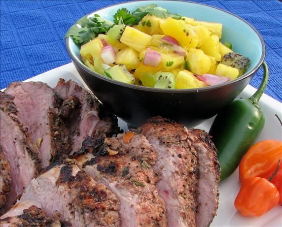V's Grilled Jerk Pork Tenderloin and Pineapple Mango-Kiwi Salsa. Photo by lazyme